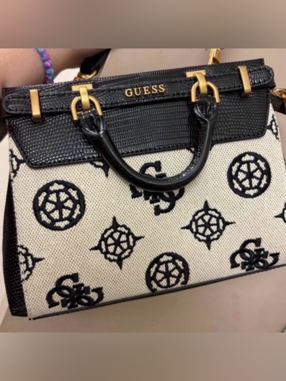 GUESS Black and Cream  Mini Logo-Embroidered Satchel